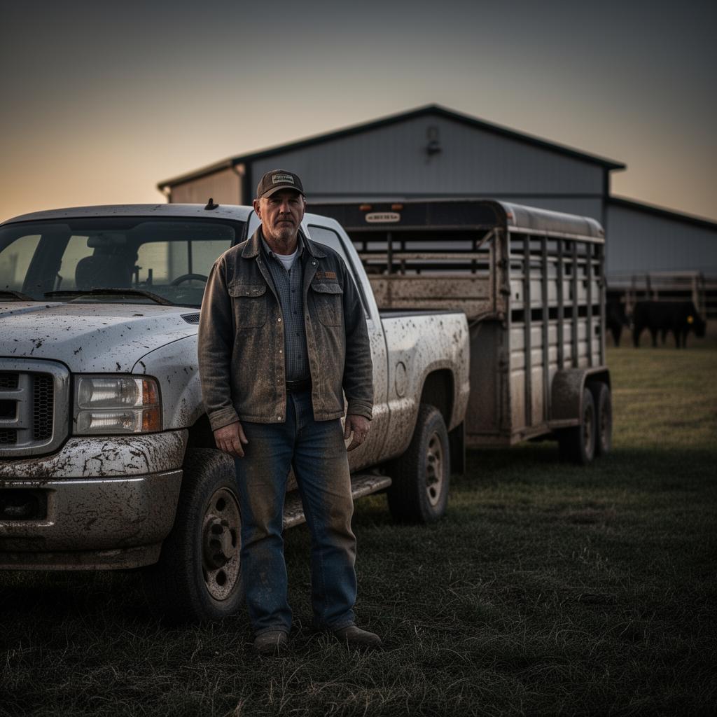 Rancher beside a mud-splattered pickup and stock trailer at dusk