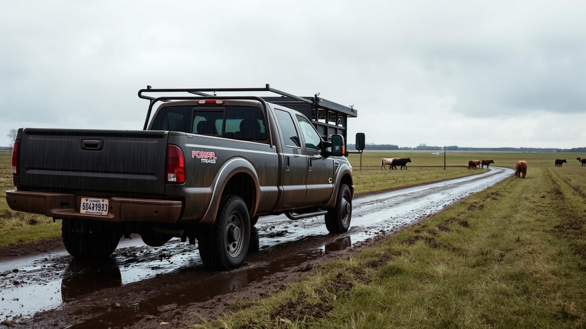 Farm pickup parked in a muddy pasture next to grazing cattle