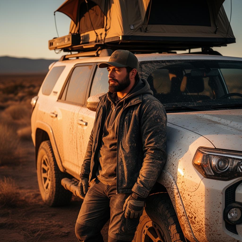 Overlander leaning on a dusty 4Runner with rooftop tent at golden hour