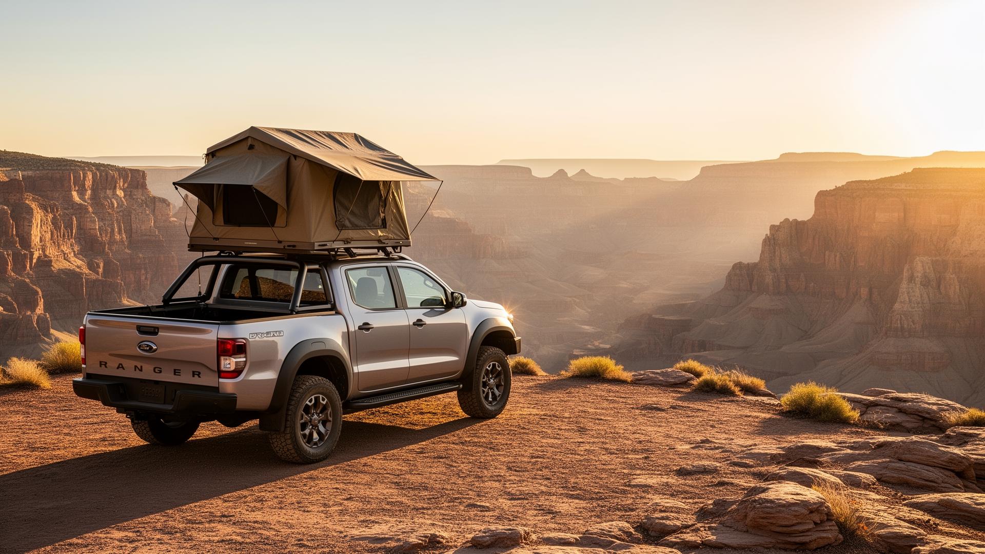 Mud-caked overland truck tailgate at golden hour