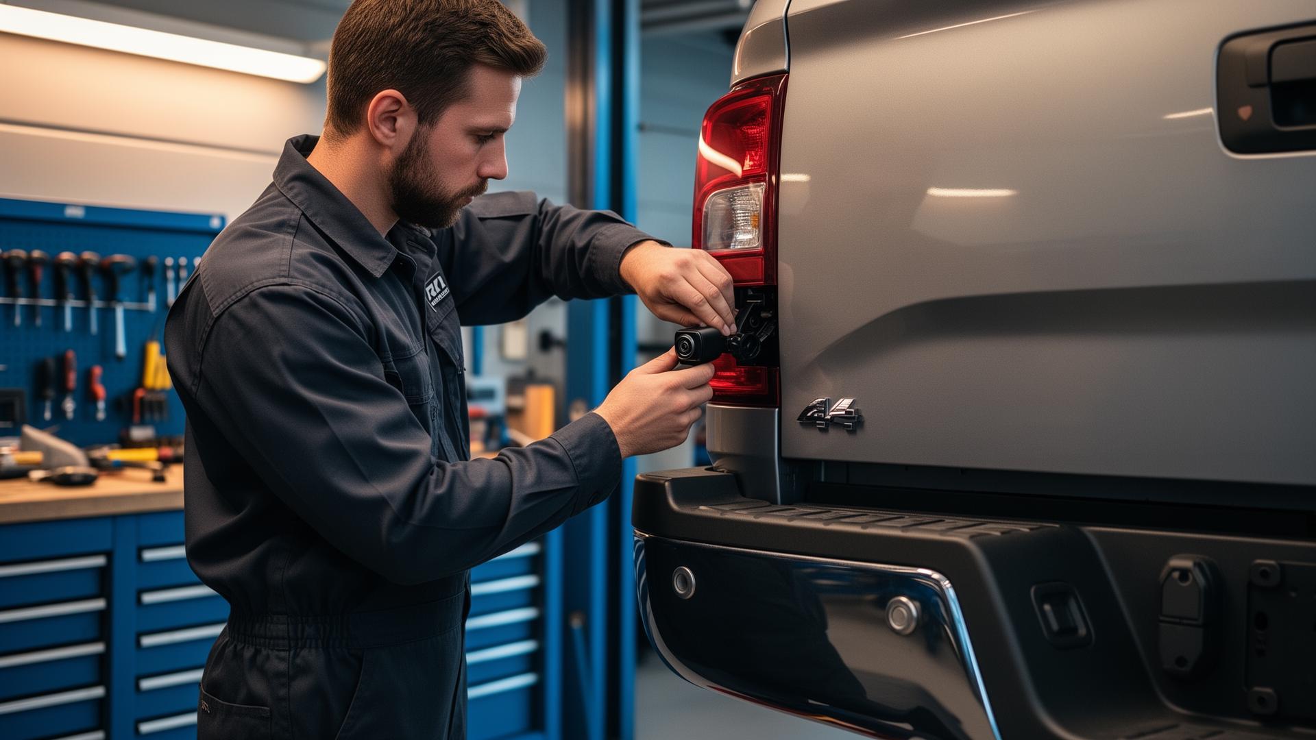 Technician installing a ClearVu backup camera cleaner kit on a pickup truck