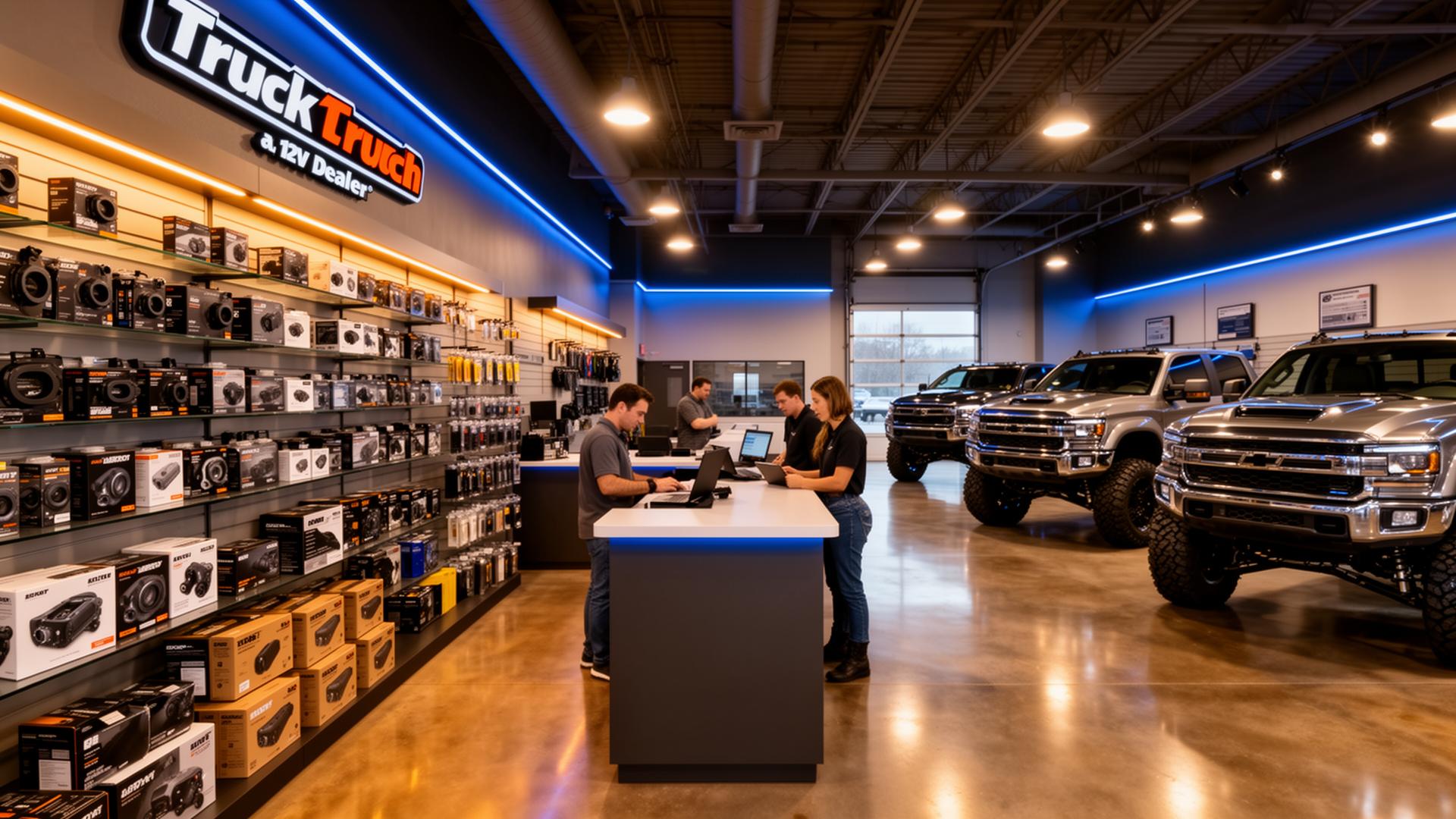 ClearVu authorized dealer shop with truck accessories on display